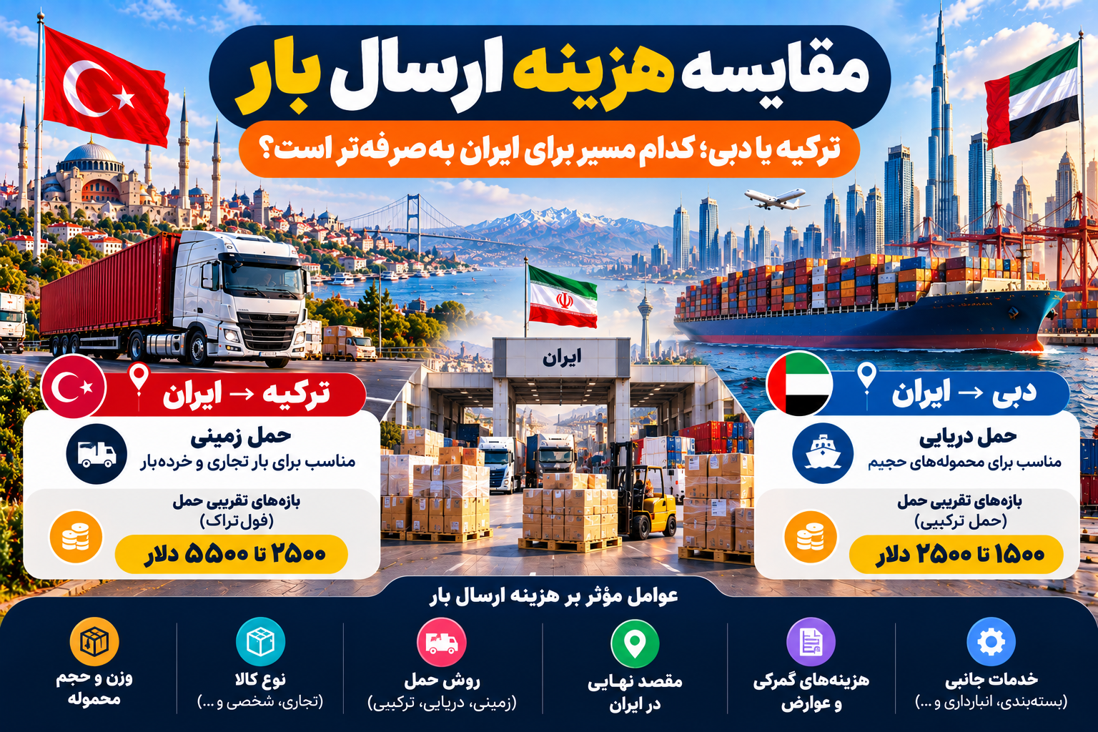 مقایسه هزینه ارسال بار از ترکیه با دبی به ایران